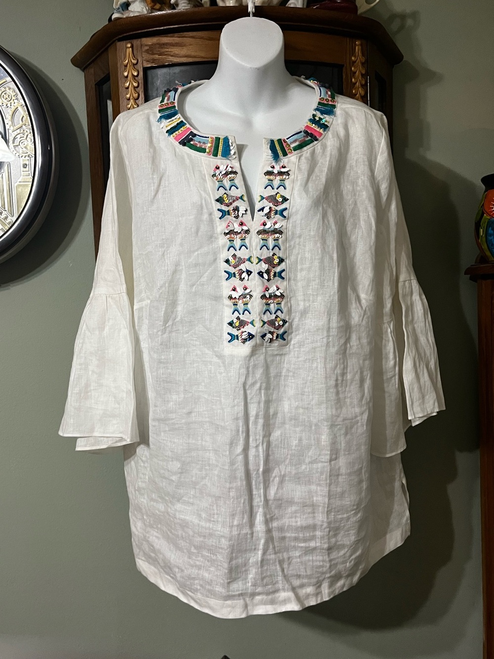 Talbots White 100% Linen Beaded Fish Embroidered Detail Blouse Size 1X